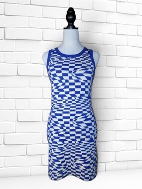 Pretty Garbage Knit Bodycon Dress Blue White Warped Checkerboard Mod Festvial M